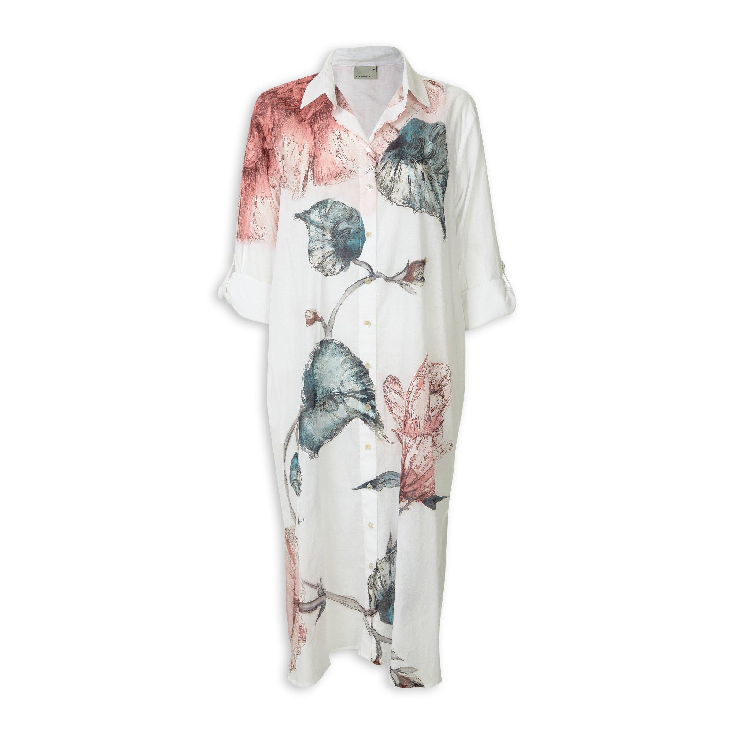 WHITE FLORAL PRINT SHIRT DRESS