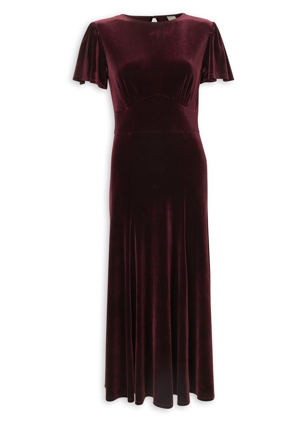 Burgundy Velvet Flutter Sleeve Dress (3242955) | LTD Woman