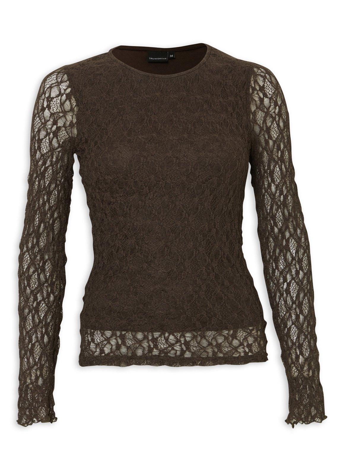 Brown Sheer Lace Crew Neck Top (3243073) | Truworths