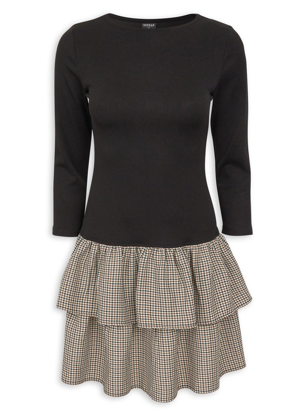 Black Ribbed Dress with Plaid Tiered Hem (3243169) | Inwear
