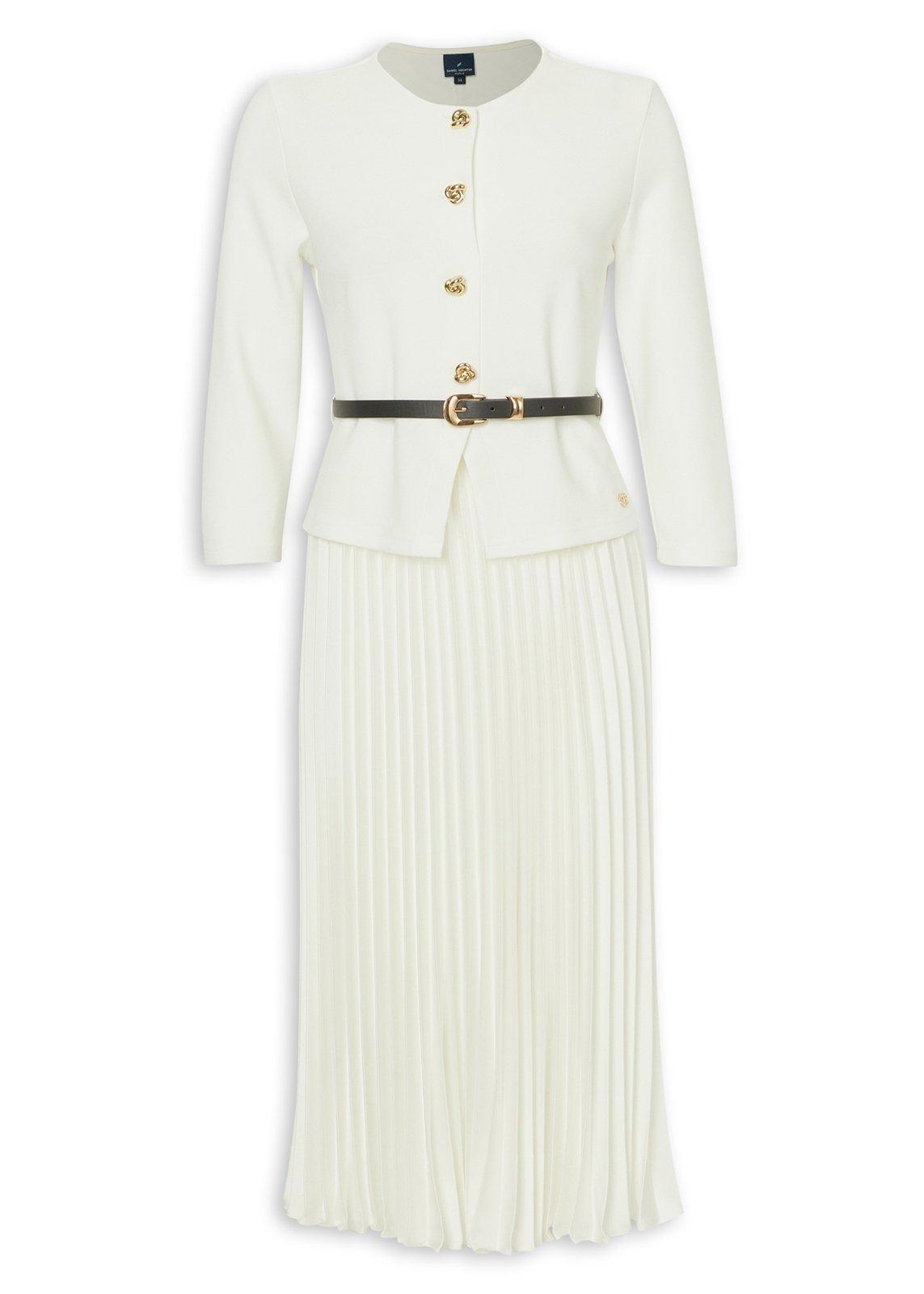Cream Pleated Combo Midi Dress (3243413) | Daniel Hechter
