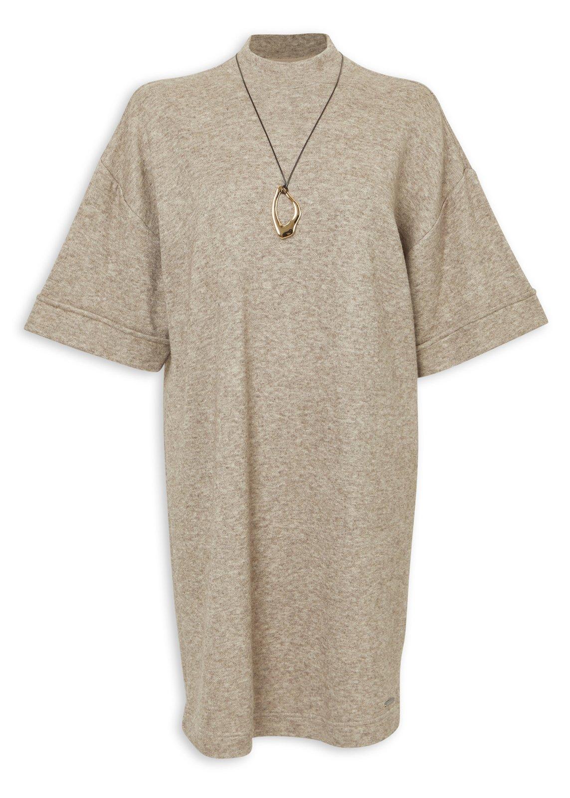 Beige Short Sleeve Mock Neck Knit Dress (3243824) | Earthaddict