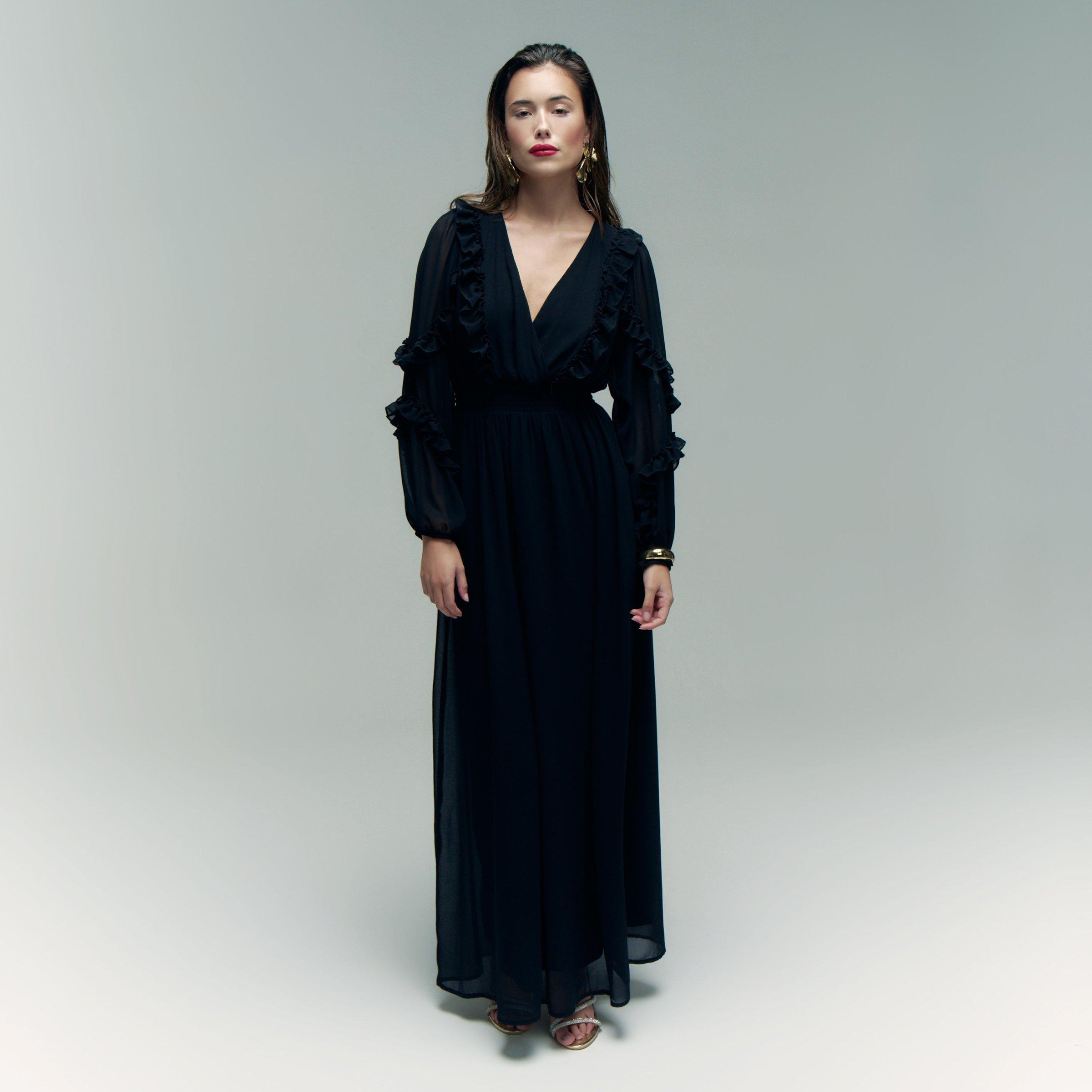 Black Chiffon Frill Maxi Dress (3273499) | Kameo