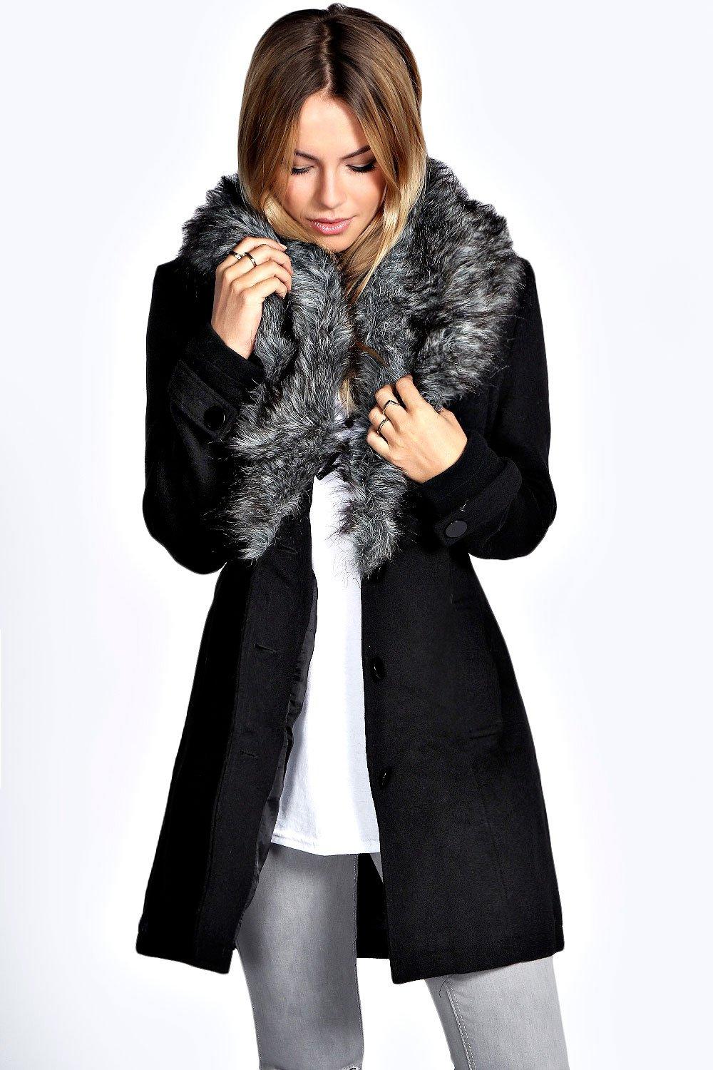 Tia Shawl Faux Fur Collar Wool Look Coat At 