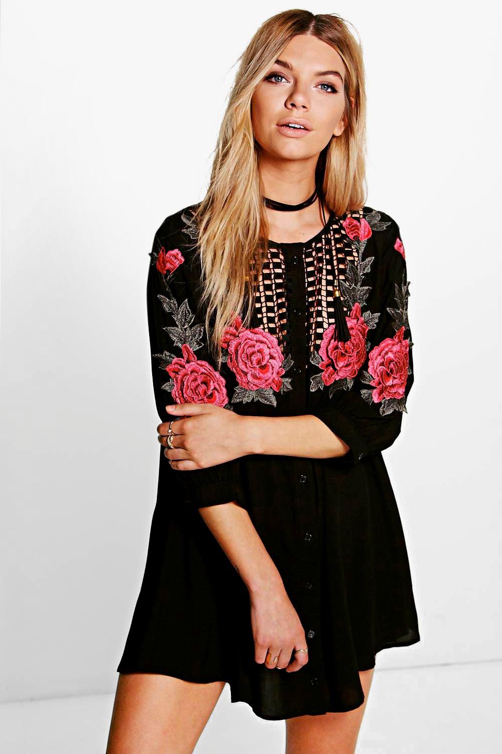 black embroidered shirt dress