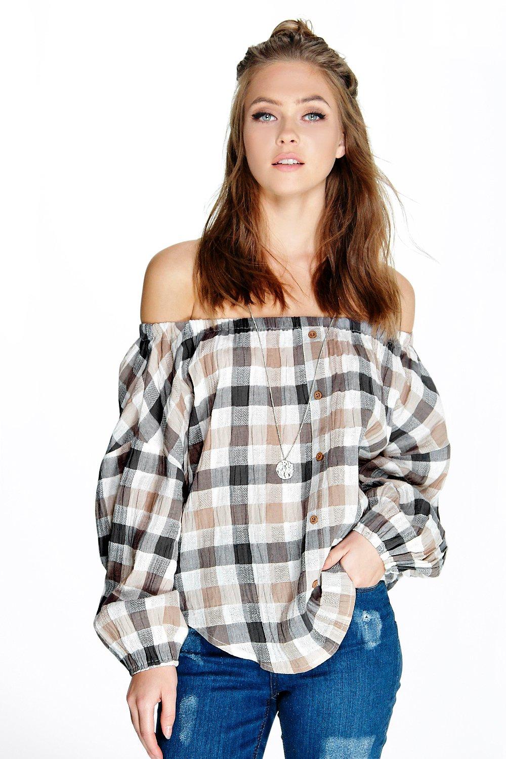 freya check button detail the shoulder top at boohoo freya check button detail the shoulder top at boohoo