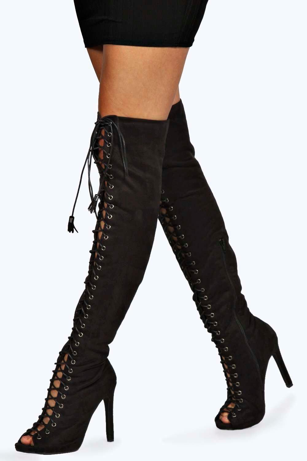 Erin Lace Up Knee High Peep Toe Boots At 4309