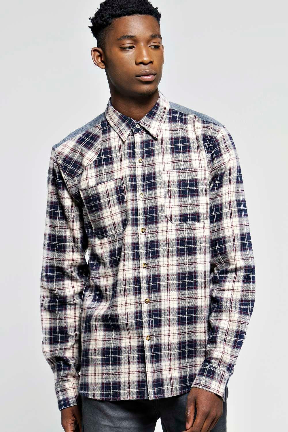 Long Sleeve Checked Shirt With Denim Detail At