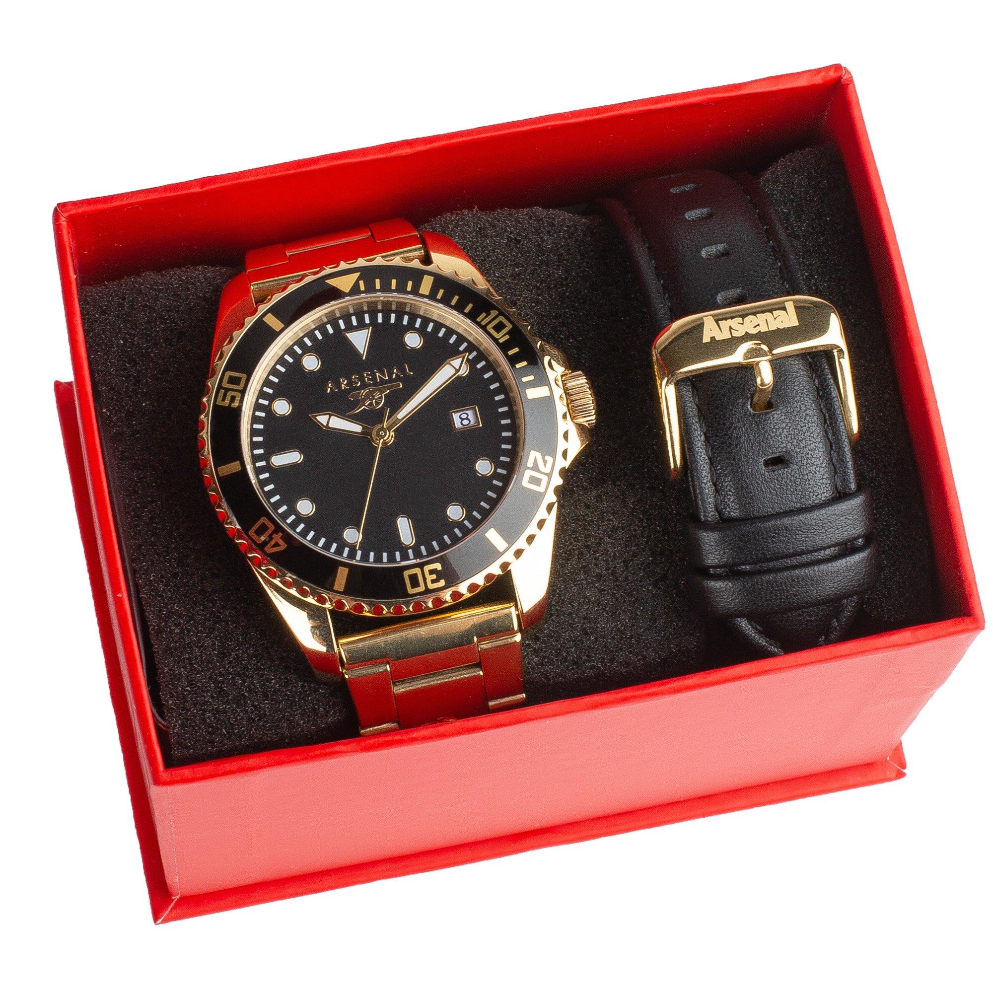 Arsenal Gold and Leather Two Strap Luxury Watch Set