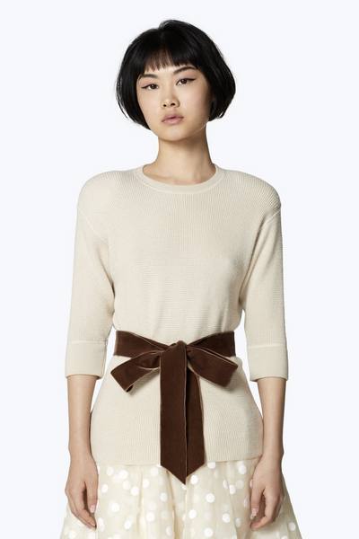 Thermal-Knit Sweater with Velvet Belt
