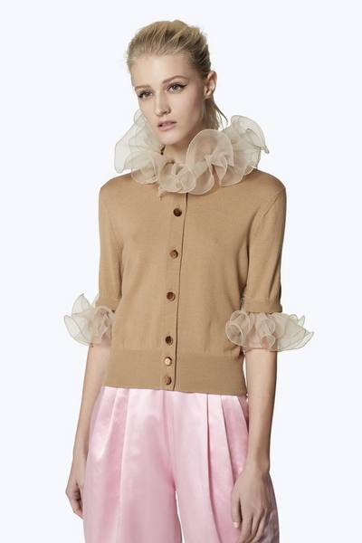 Elbow-Sleeve Ruffle Wool Cardigan