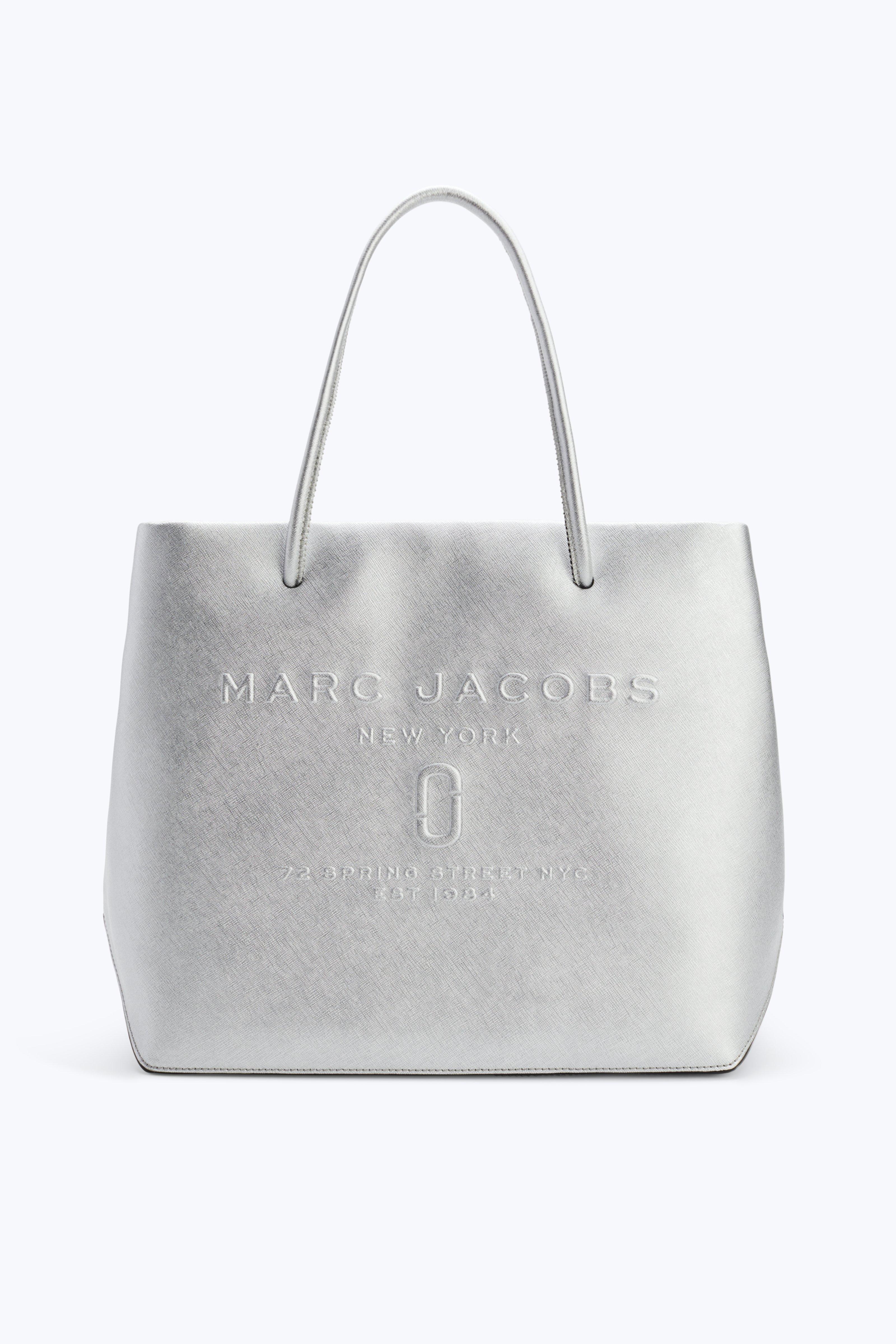 Marc Jacobs Laminated Leather Logo Shopper EastWest Tote In Silver