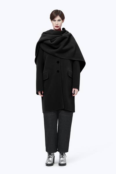 Notch-Collar Coat with Hood Scarf