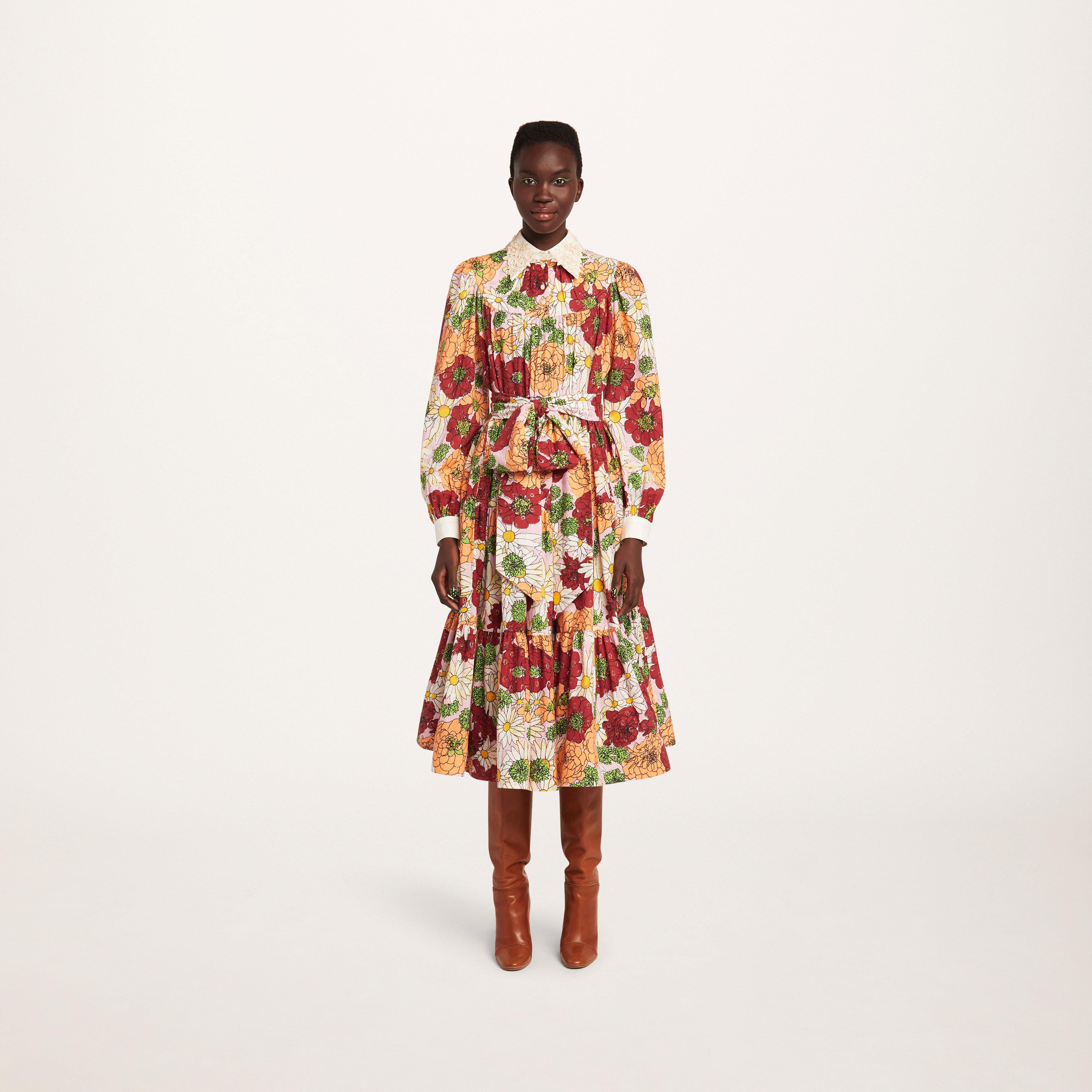 Printed Lurex Dot Cotton Tiered Dress With Lace Applique Collar--Alternate view