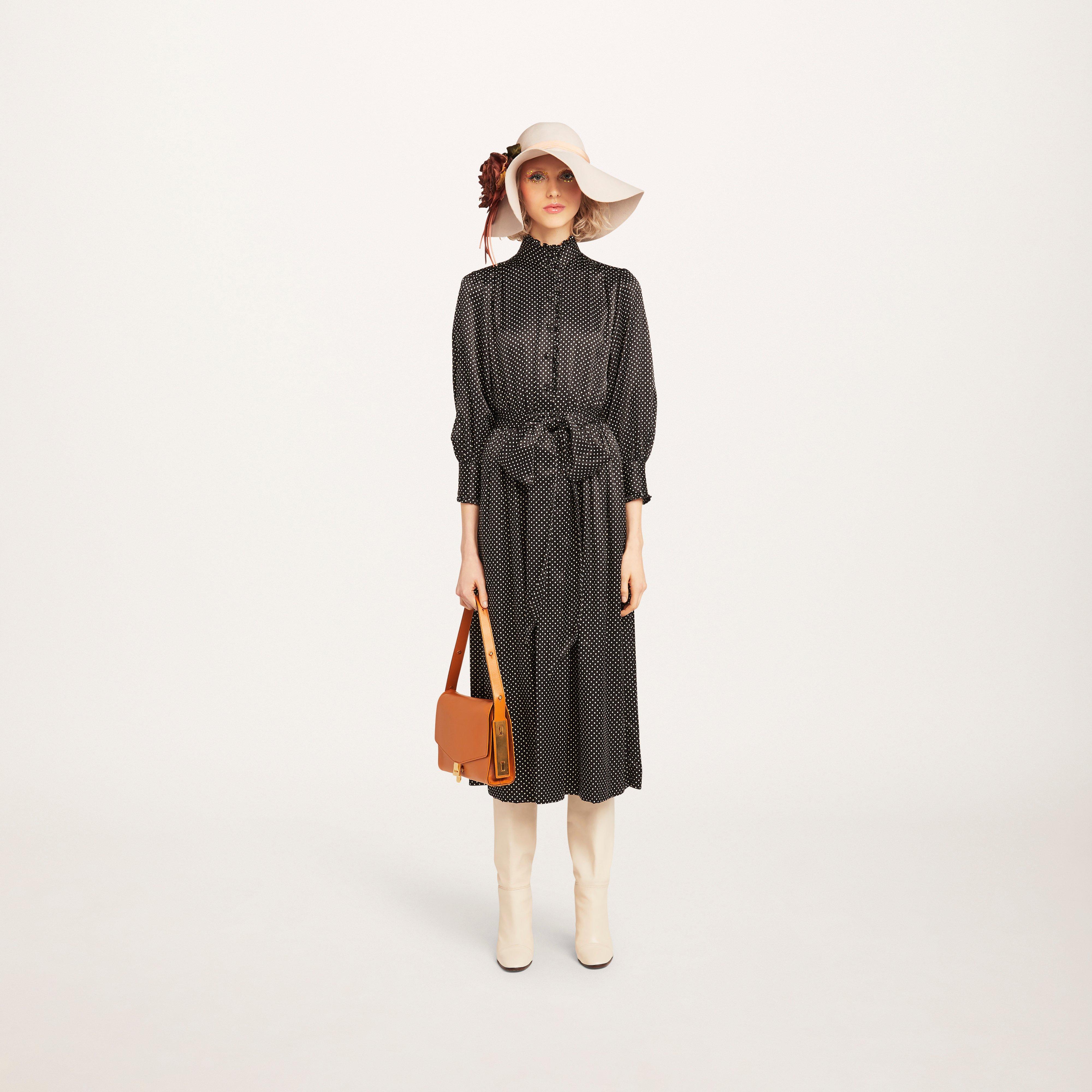 Dress With Ruffle At Collar and Cuffs And Self Belt--Alternate view