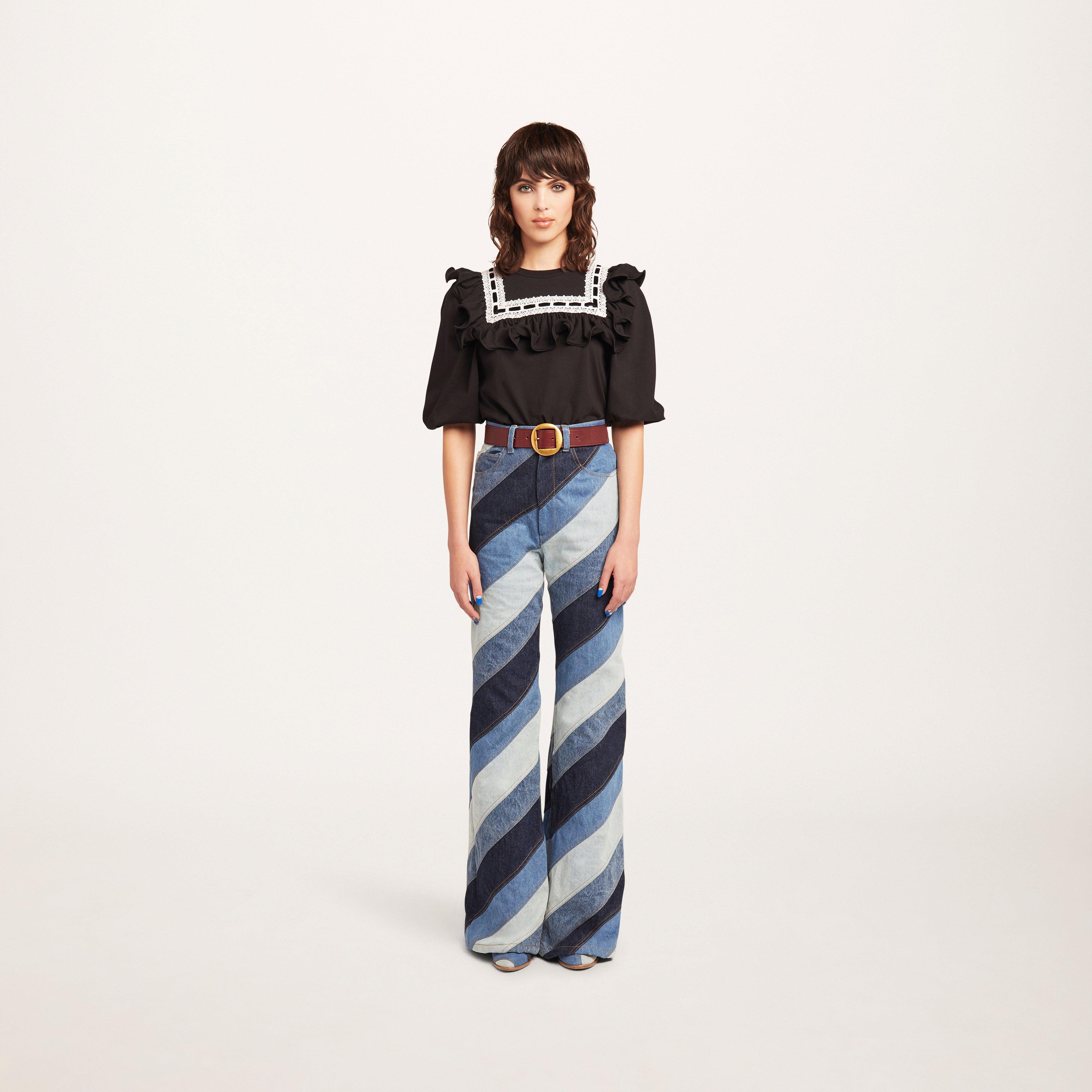 Jersey Top With Lace Trim and Ruffle At Yoke--Alternate view