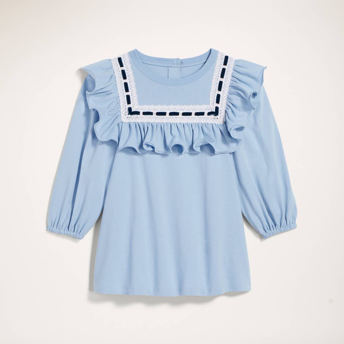 Image of MARC JACOBS Women's Jersey Top With Lace Trim and Ruffle At Yoke in Light Blue, Size Large