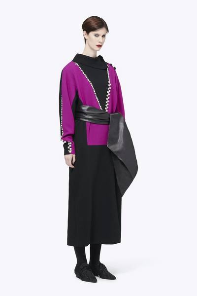 Double-Face Stretch Crepe Embroidered V Colorblock Dress-Alternate view