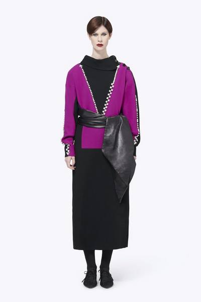 Double-Face Stretch Crepe Embroidered V Colorblock Dress