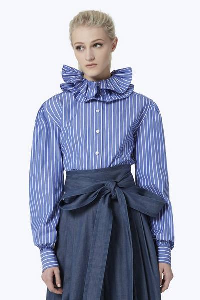 High Collar Striped Cotton Blouse
