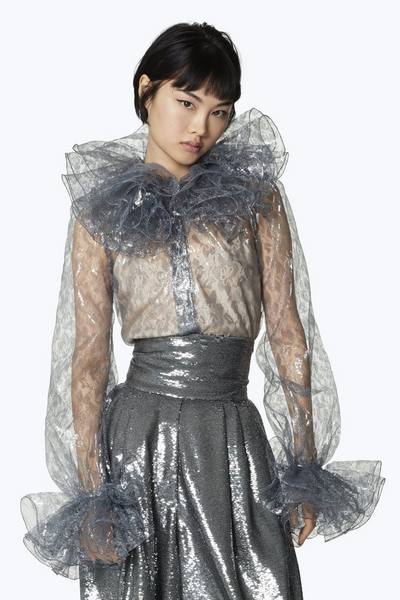 Ruffled Metallic Lace Silk Blouse