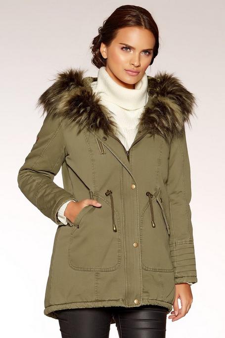 Khaki Faux Fur Lined Embroidered Parka Jacket - Quiz Clothing