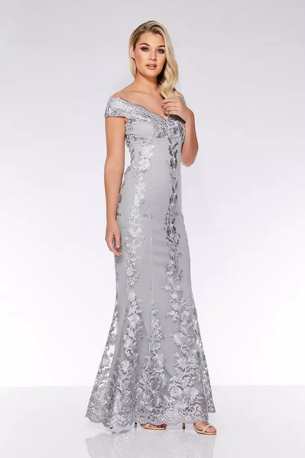 Gray Mesh Embroidered Off The Shoulder Maxi Dress Quiz Clothing
