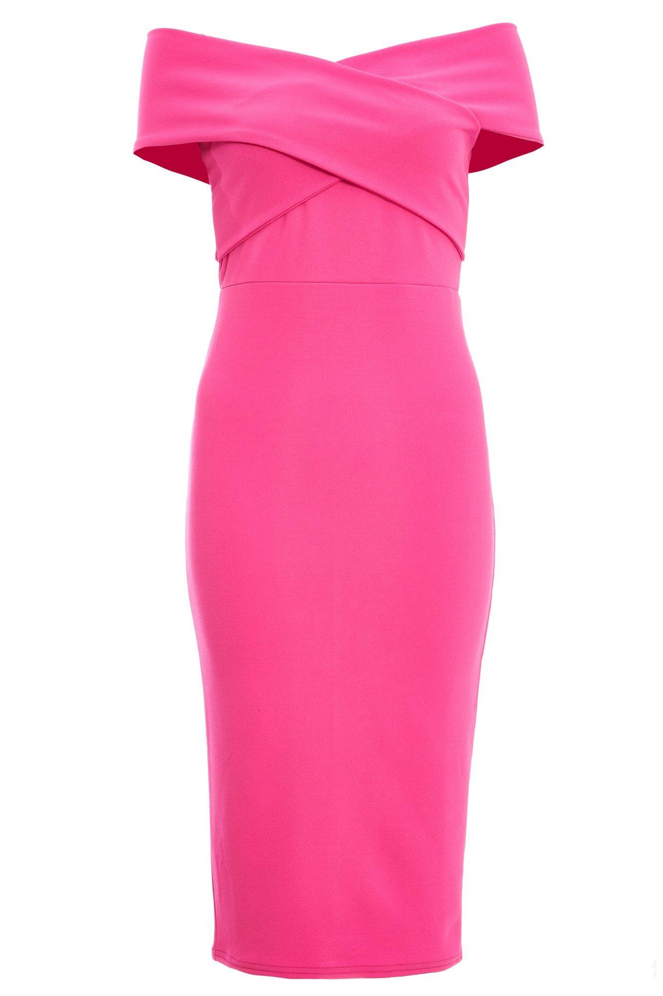 Hot Pink Wrap Bardot Midi Dress - Quiz Clothing