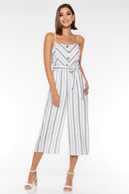 White and Navy Linen Stripe Jumpsuit - Quiz Clothing