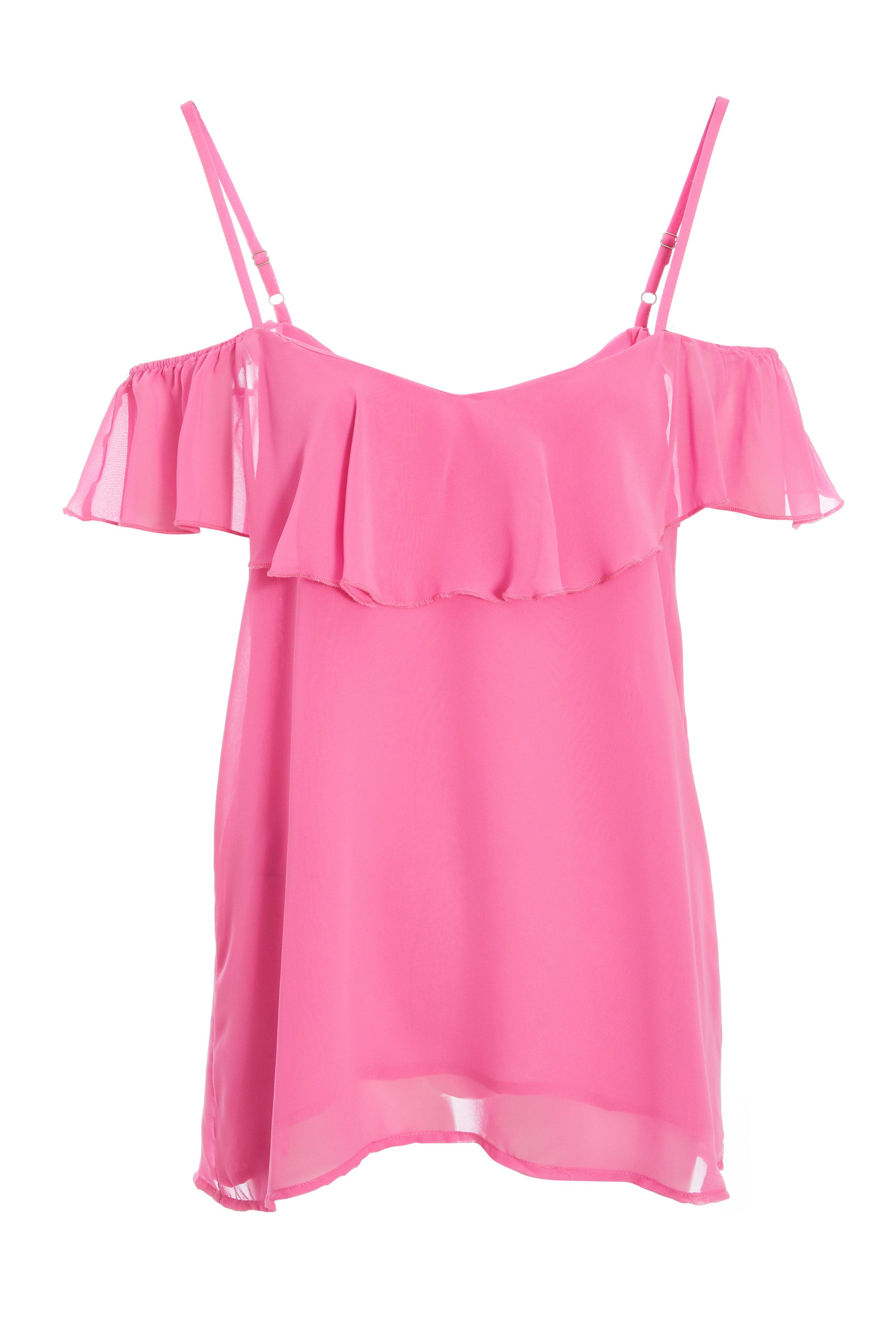 Pink Cold Shoulder Frill Top - Quiz Clothing