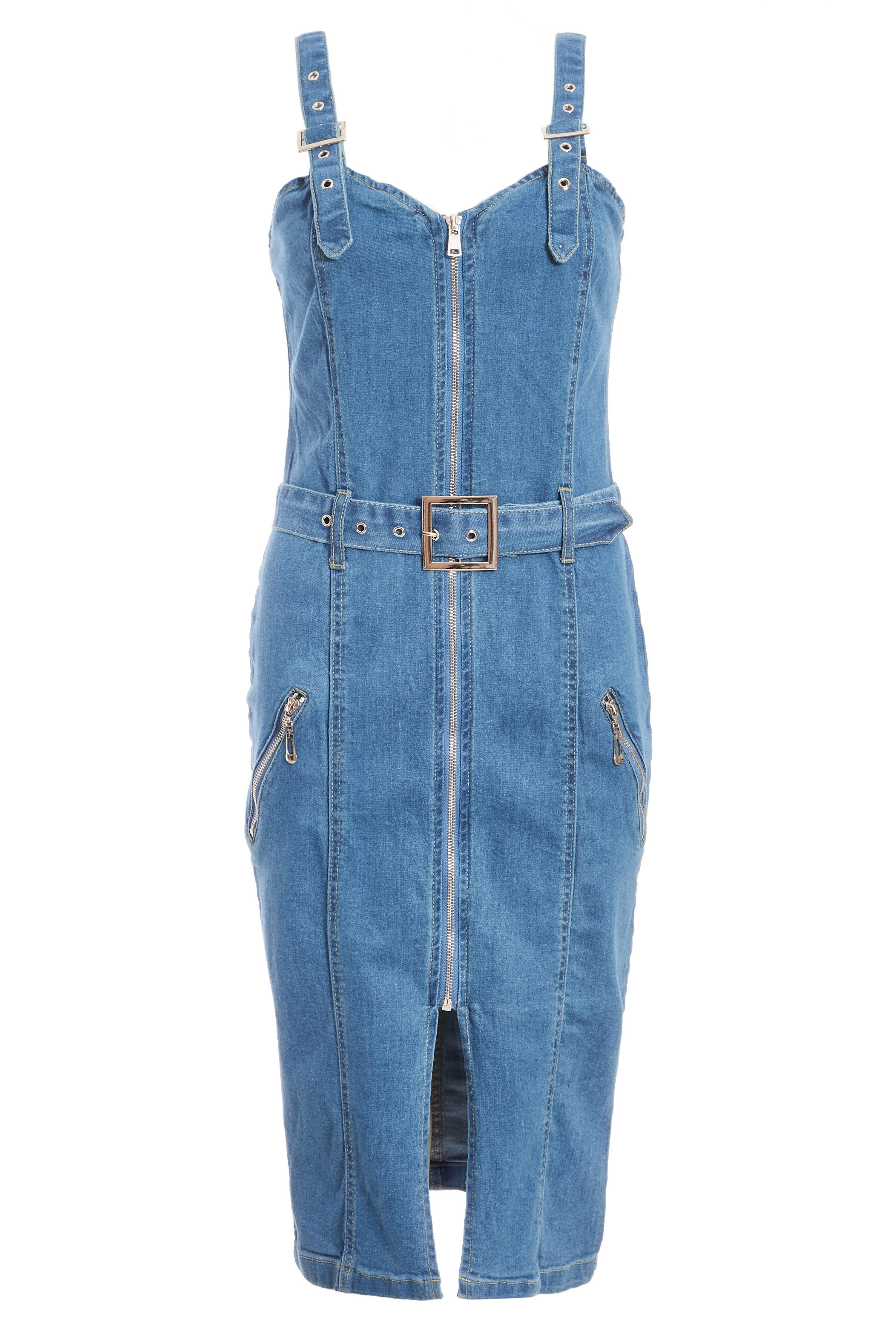 Mid Blue Denim Zip Front Belted Midi Dress - Quiz Clothing