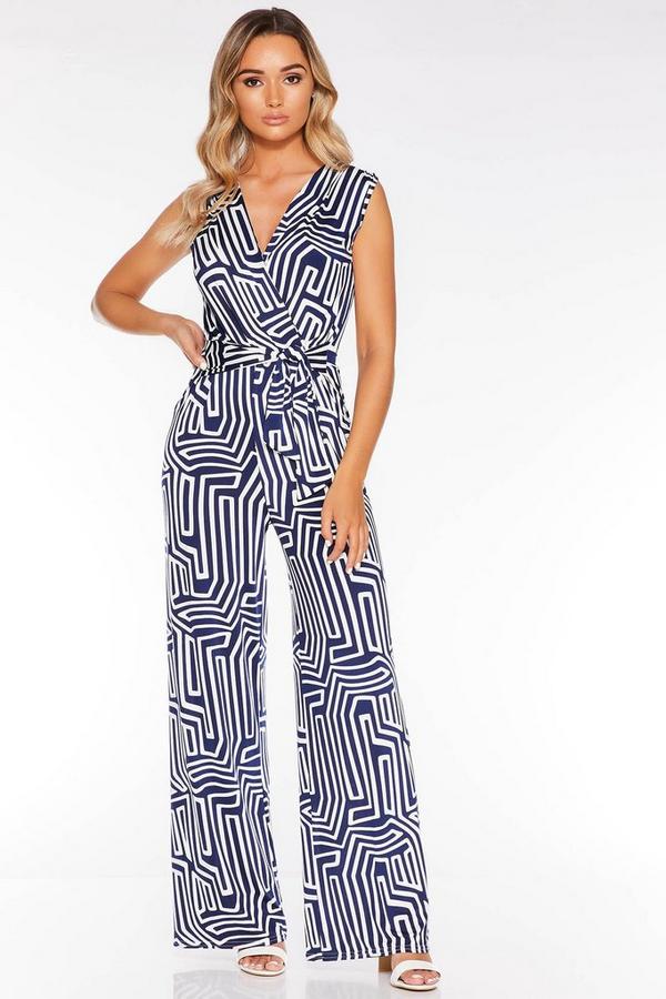 Navy And Cream Abstract Sleeveless Jumpsuit - Quiz Clothing