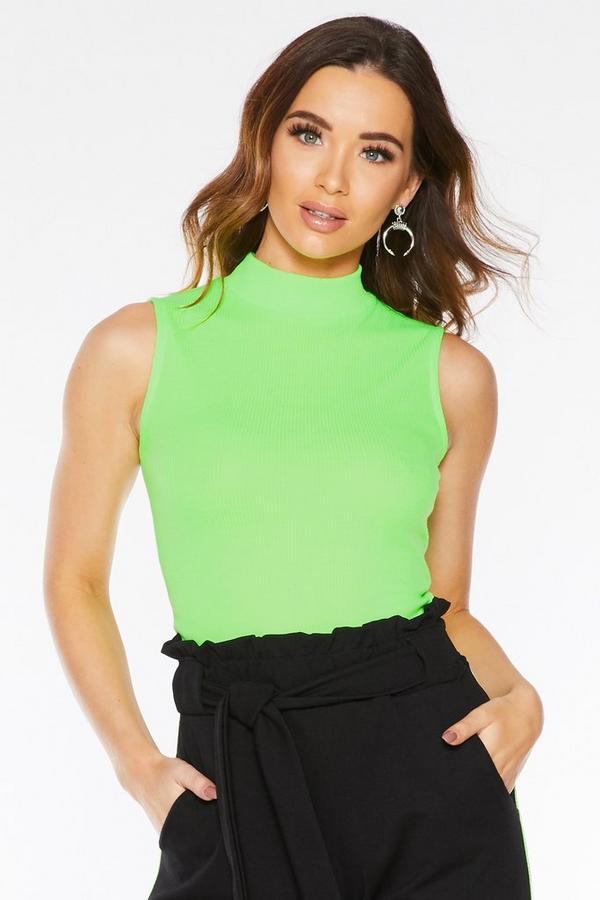 Neon Green Ribbed Sleeveless Turtle Neck Top - Quiz Clothing