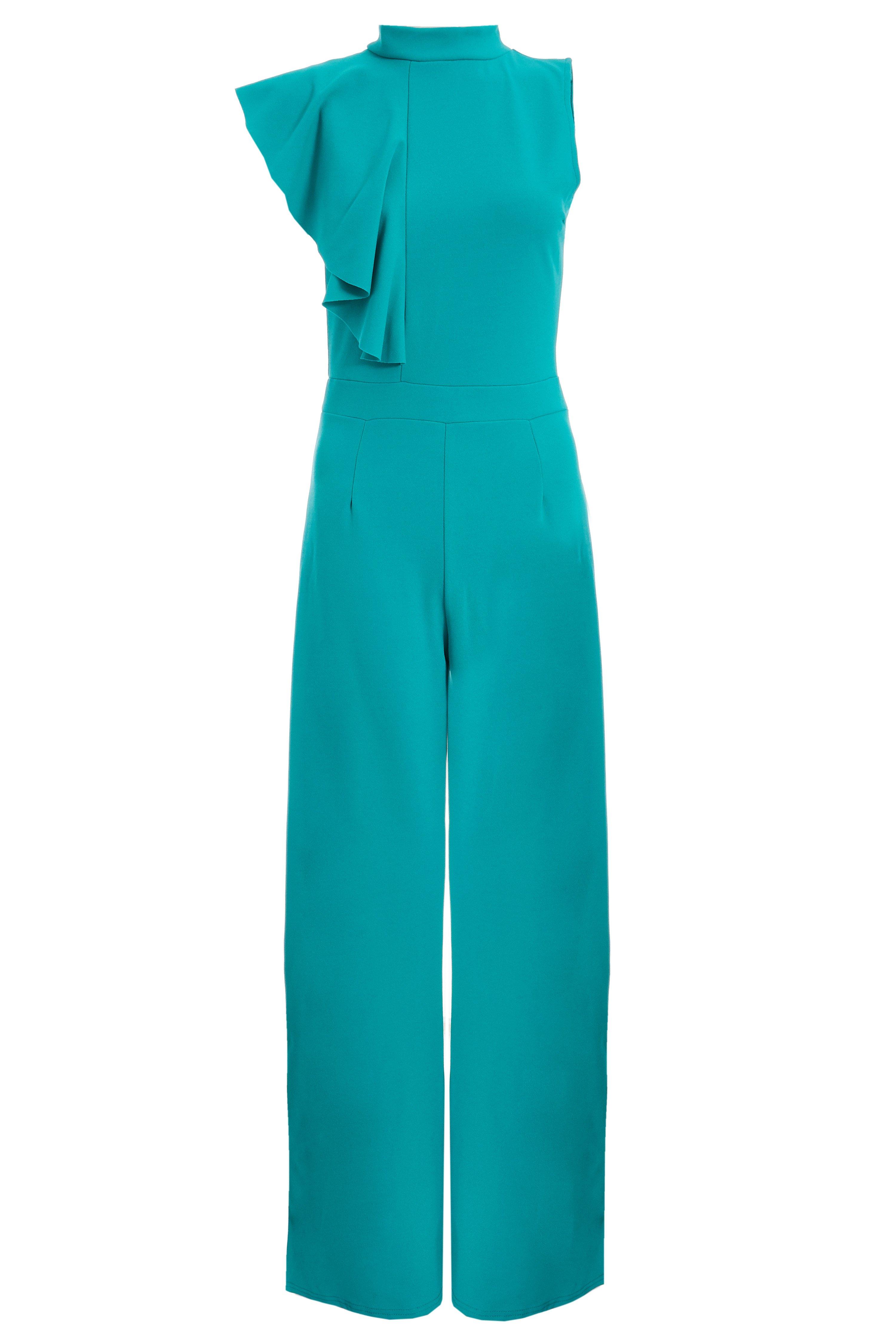 Teal High Neck Frill Shoulder Jumpsuit - Quiz Clothing