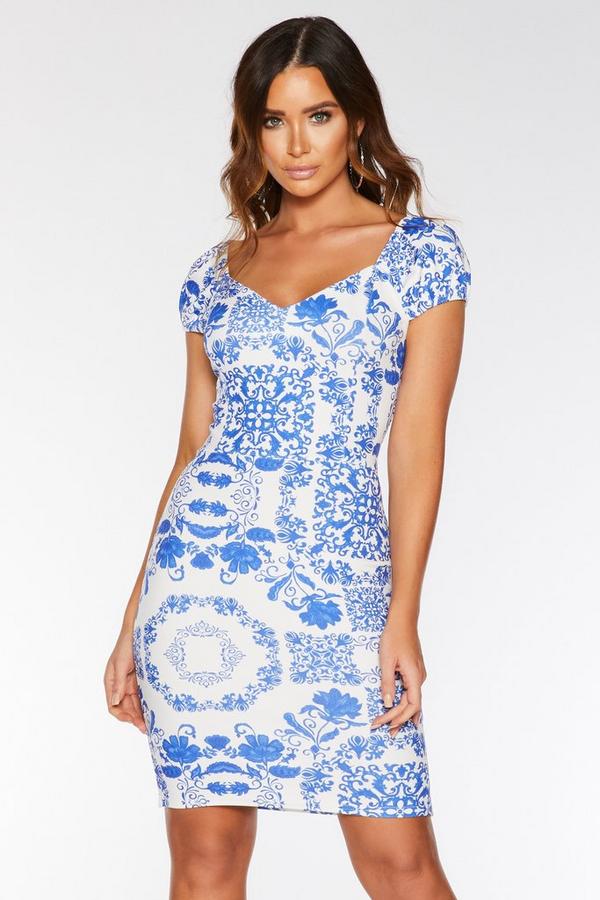 Royal Blue and White Tile Print Bodycon Dress - Quiz Clothing