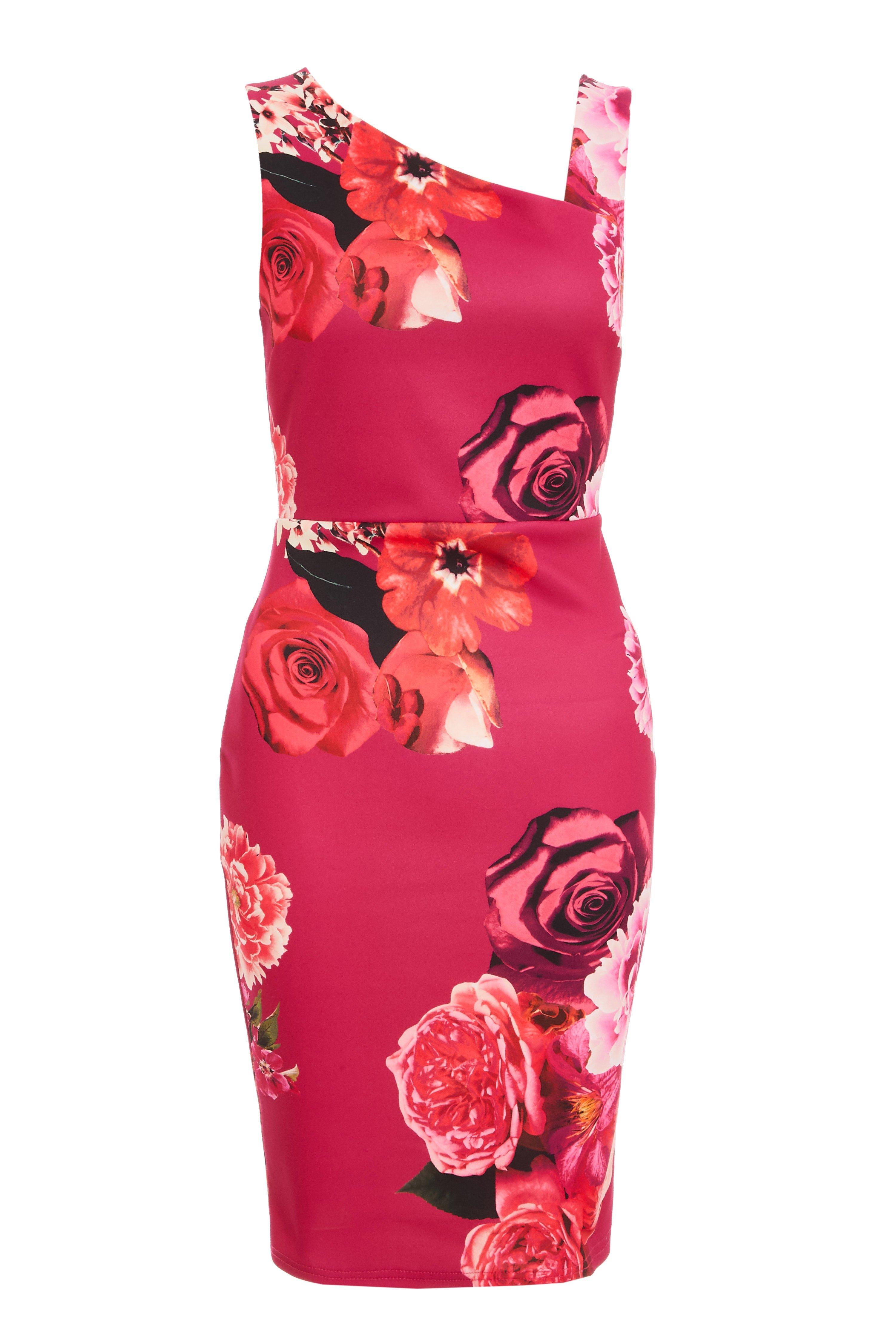 Pink Floral Asymmetric Midi Dress - Quiz Clothing