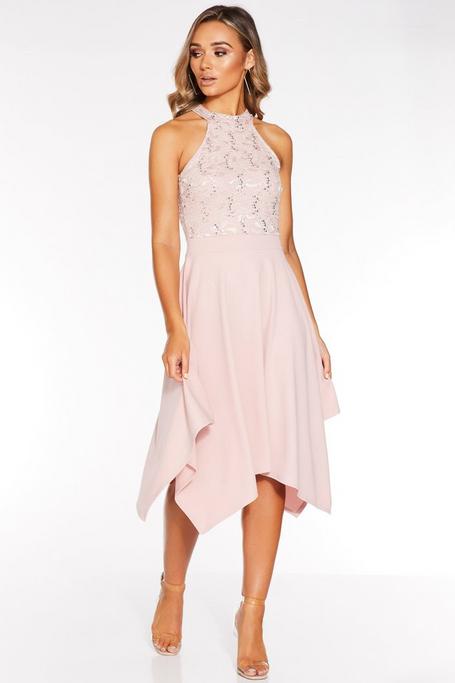  Blush  Pink  Sequin Lace High Neck Midi Dress  Quiz  Clothing