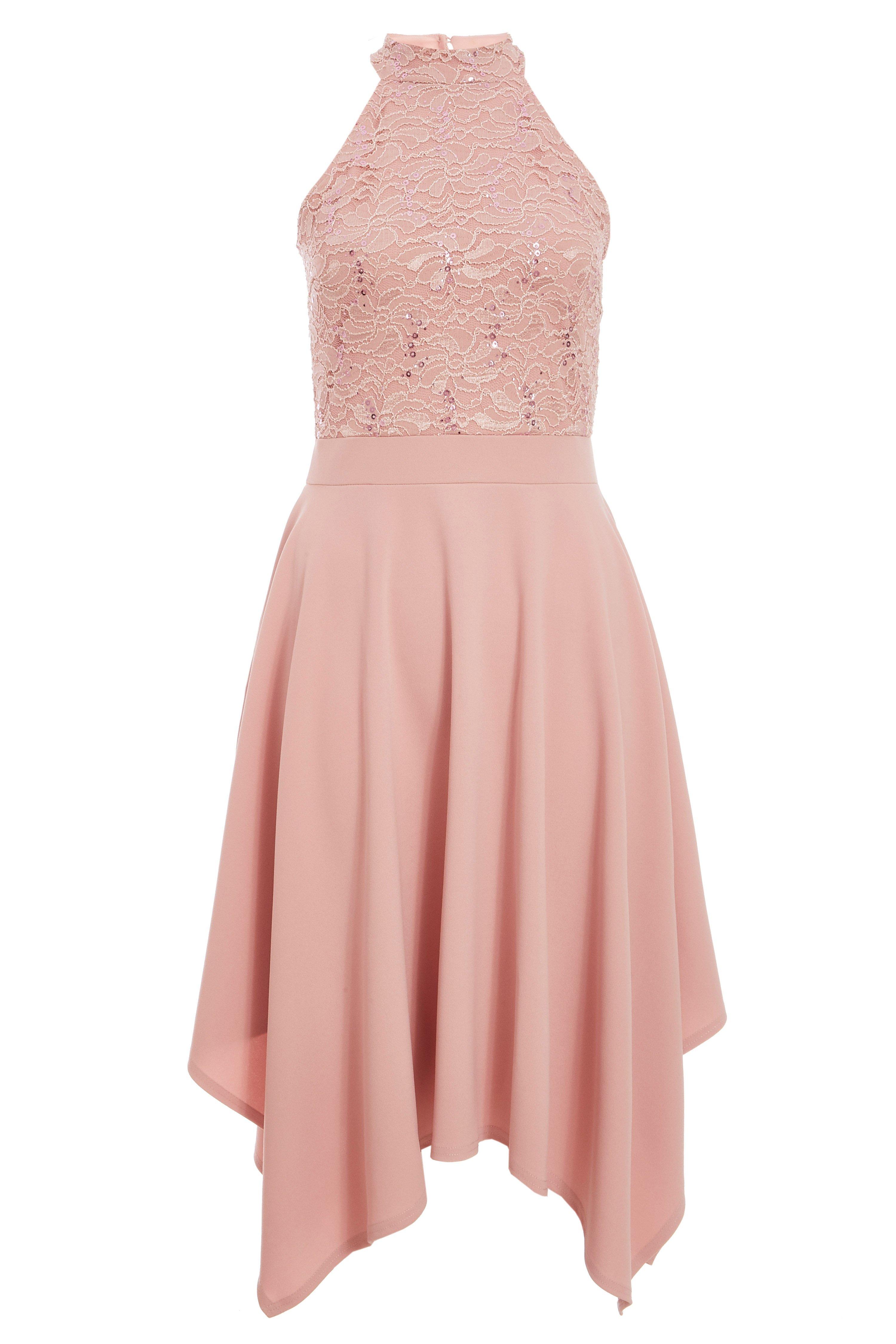 Blush Pink Sequin Lace High Neck Midi Dress - Quiz Clothing