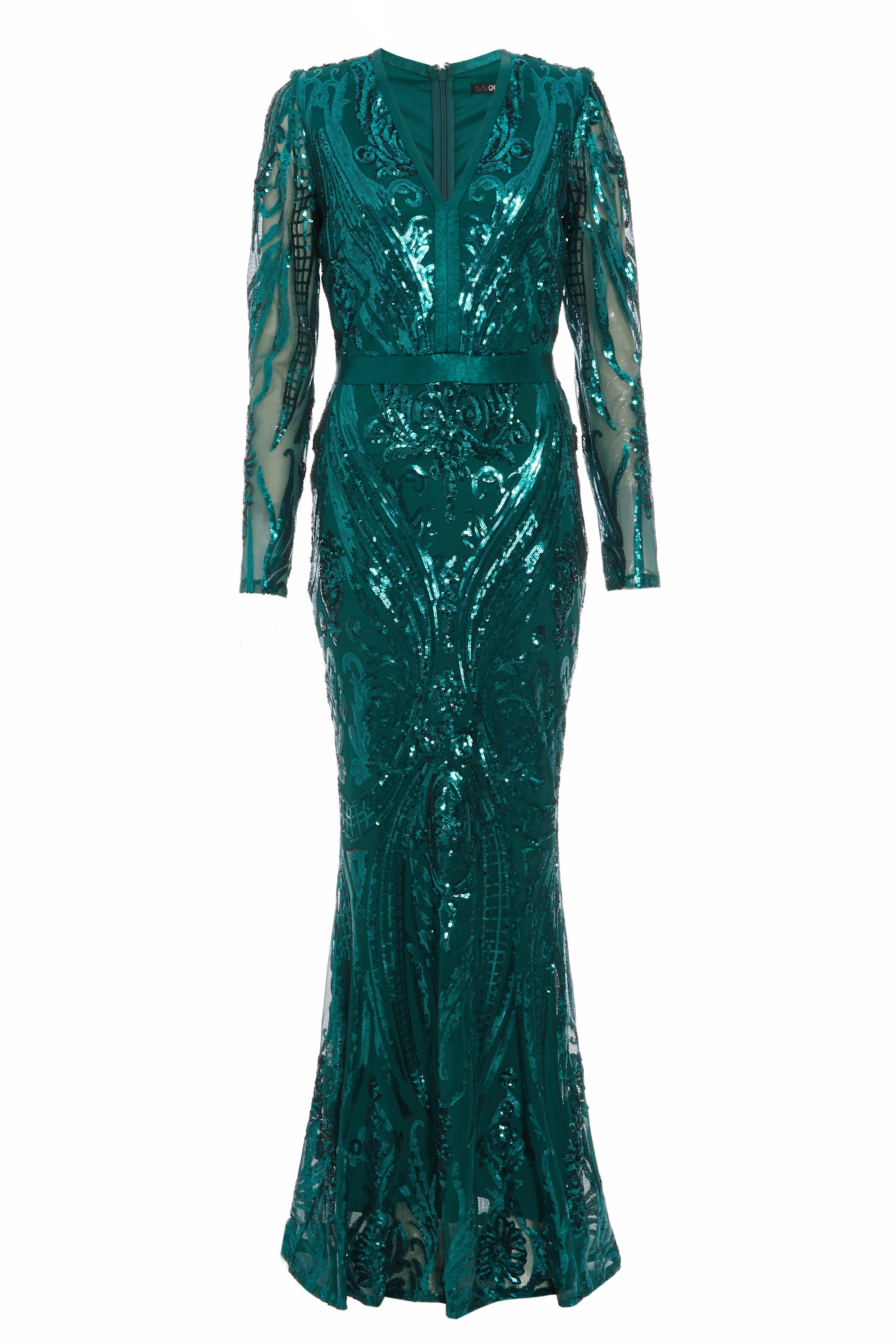 Green Sequin Long Sleeve Fishtail Maxi Dress - Quiz Clothing
