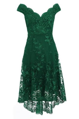 Petite Bottle Green Lace Embroidered Bardot Dip Hem Dress - Quiz Clothing