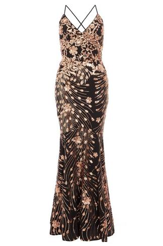 Petite Black and Rose Gold Sequin Backless Fishtail Maxi Dress - Quiz ...