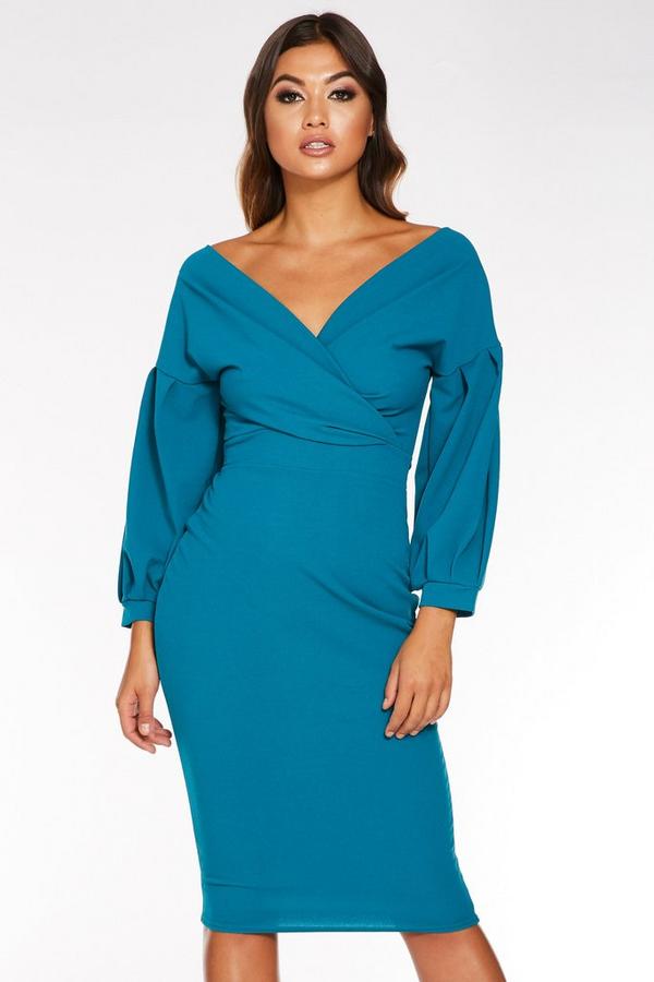 Teal Bardot Wrap Long Sleeve Midi Dress - Quiz Clothing