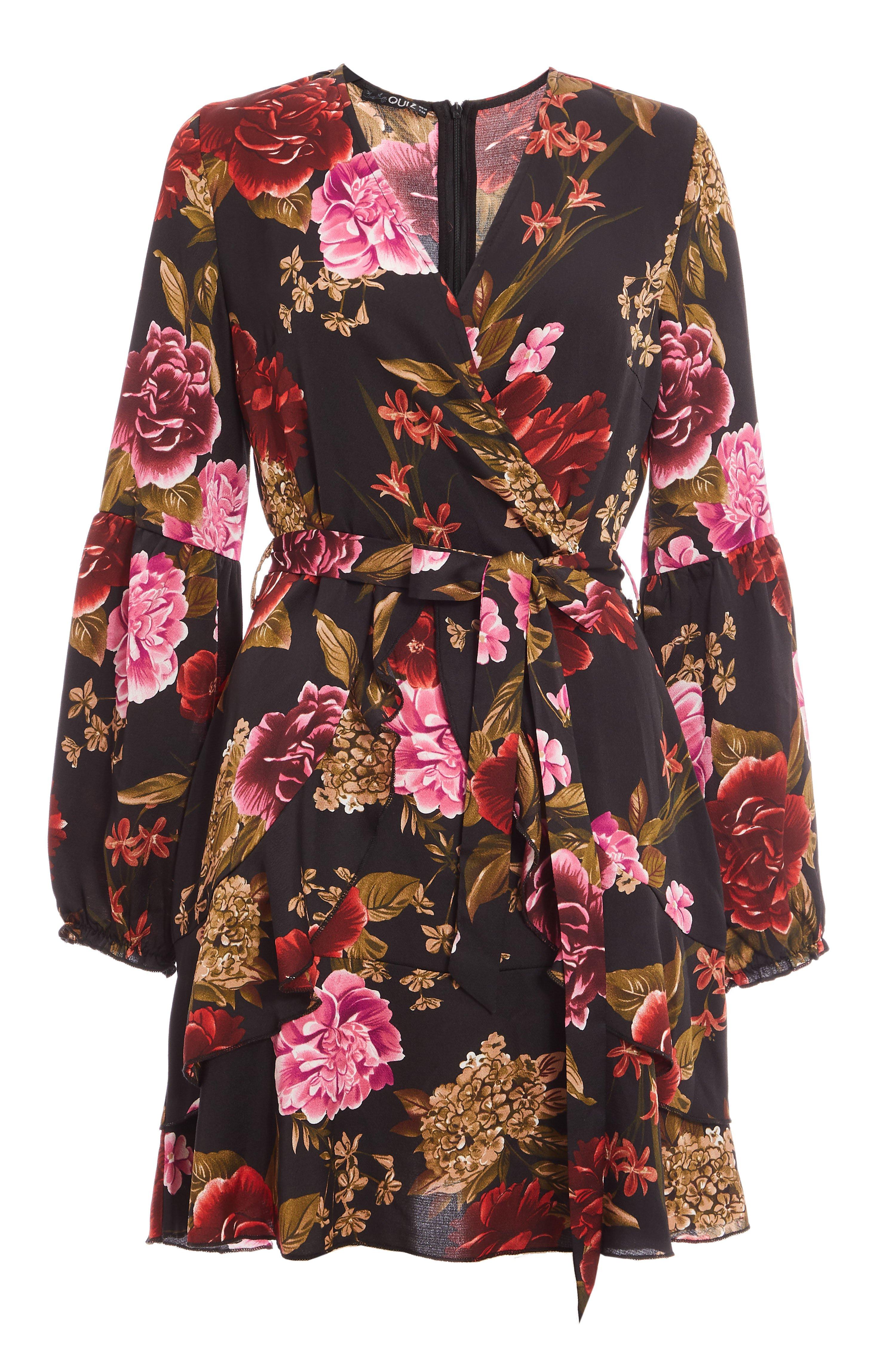 Multicoloured Satin Floral Print Wrap Dress - Quiz Clothing