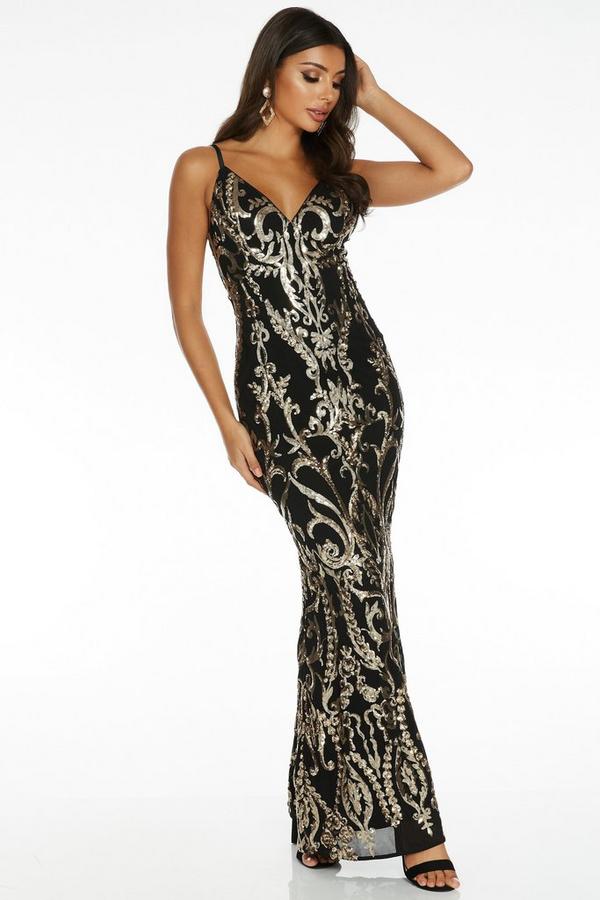 Black and Gold Sequin Strappy Fishtail Maxi - Quiz Clothing