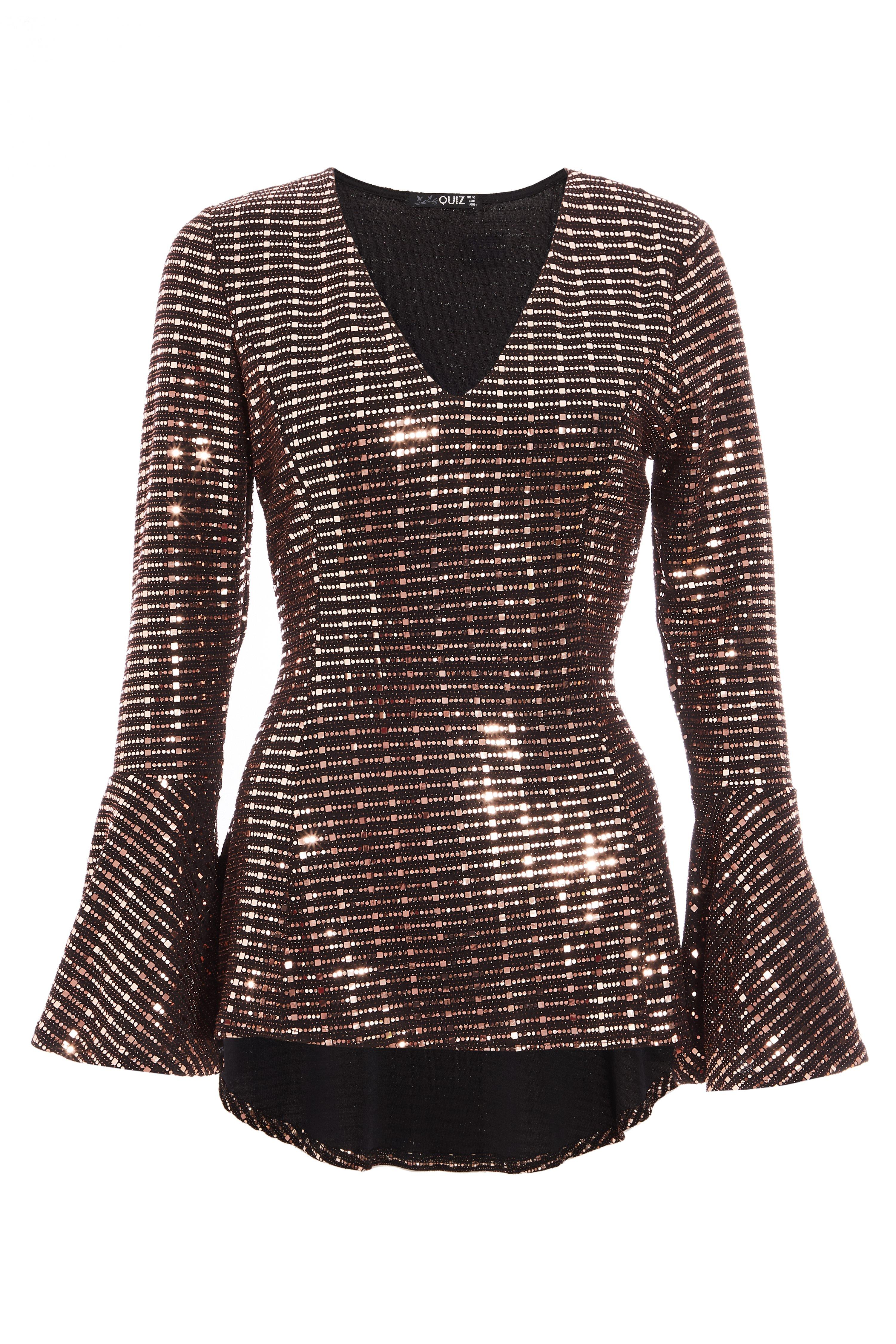 Black and Bronze Sequin V Neck Flute Sleeve Peplum Top - Quiz Clothing