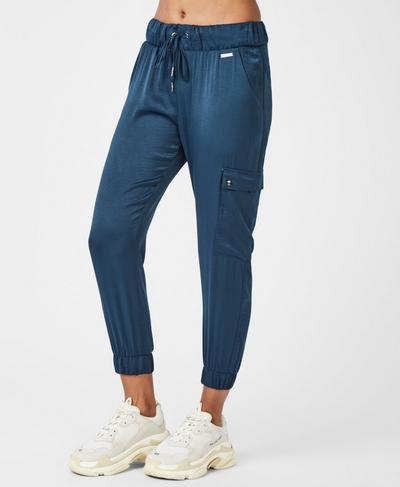 Luxe Cargo Satin 7/8 Pants, Beetle Blue | Sweaty Betty