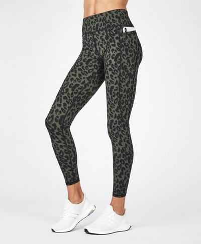 Zero Gravity High Waisted Running Leggings, Olive Leopard Print | Sweaty Betty