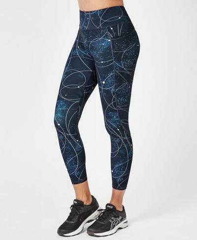 Zero Gravity High Waisted 7/8 Running Leggings, Beetle Blue Space Race Print | Sweaty Betty