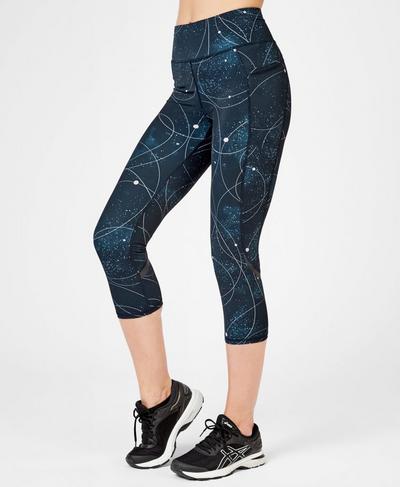 Zero Gravity High Waisted Capri Running Leggings, Beetle Blue Space Race Print | Sweaty Betty
