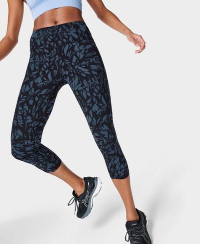 Power Cropped Workout Leggings , Blue Leaf Scatter Print | Sweaty Betty